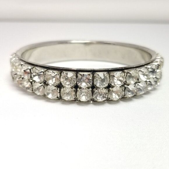 Vintage Rhinestone Bangle Bracelet, Two Row Silver Tone Stacking Estate - Picture 1 of 6